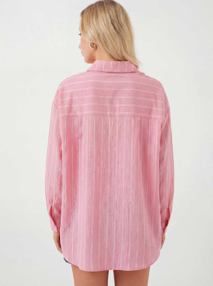 BGD Women Kadın Çizgili Oversize Gömlek 20293 - Pembe - Sammamish