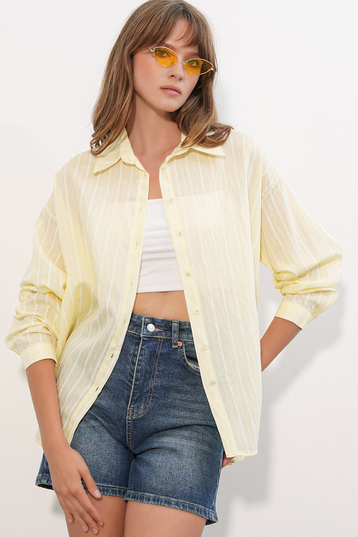 BGD Women Kadın Çizgili Oversize Gömlek 20293 - Sarı - Barreiro