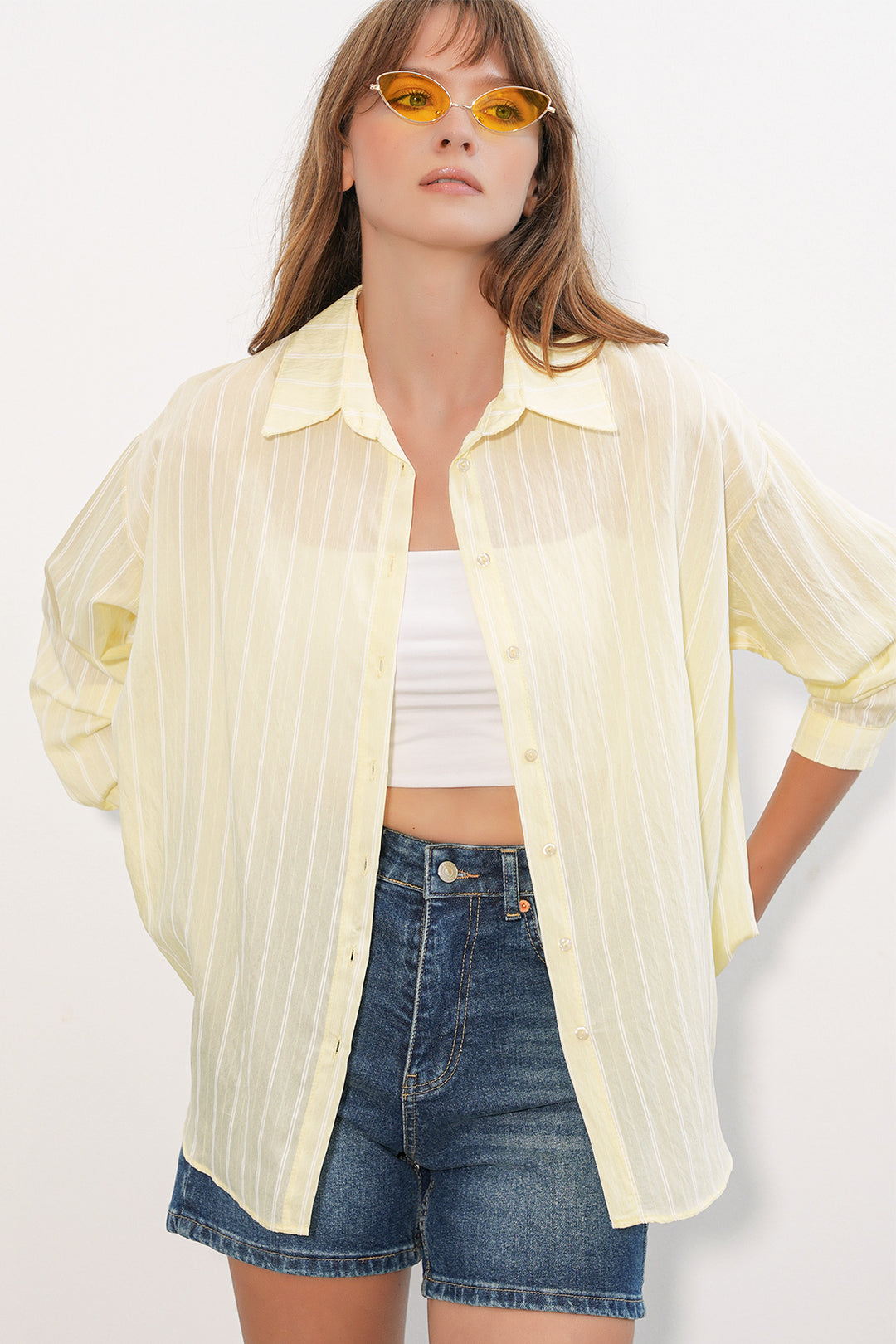 BGD Women Kadın Çizgili Oversize Gömlek 20293 - Sarı - Barreiro