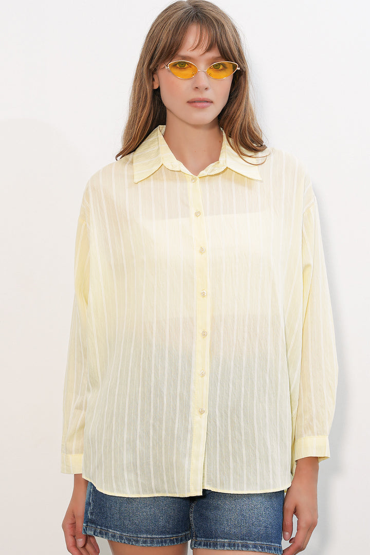 BGD Women Kadın Çizgili Oversize Gömlek 20293 - Sarı - Barreiro