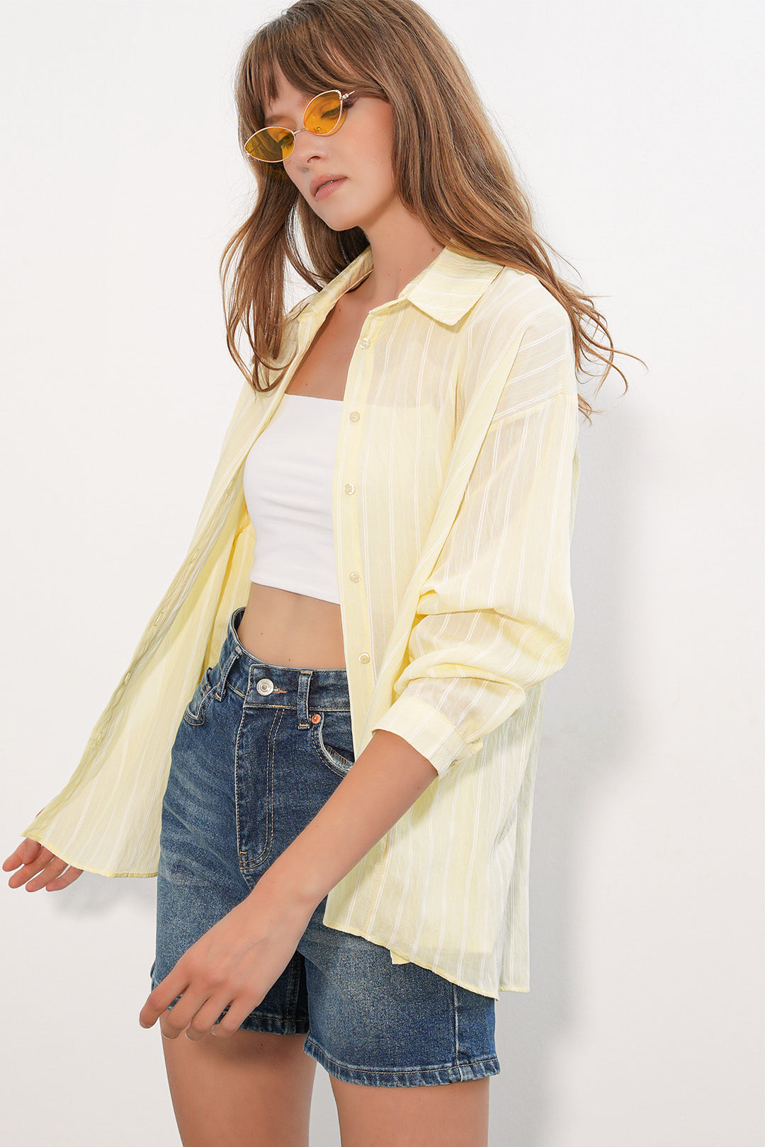BGD Women Kadın Çizgili Oversize Gömlek 20293 - Sarı - Barreiro