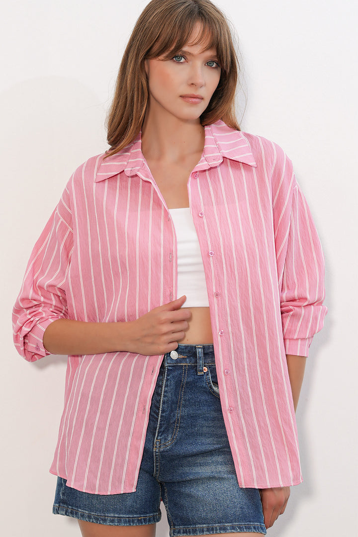 BGD Women Kadın Çizgili Oversize Gömlek 20293 - Somon - Taxco de Alarcón