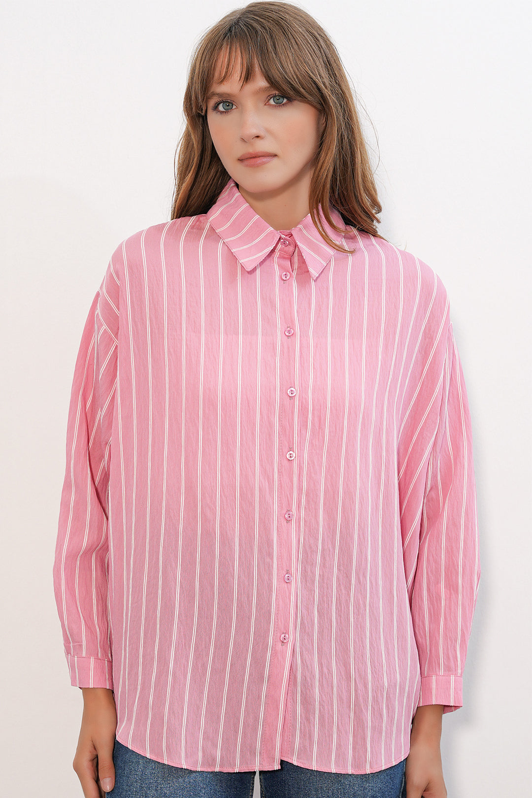 BGD Women Kadın Çizgili Oversize Gömlek 20293 - Somon - Taxco de Alarcón