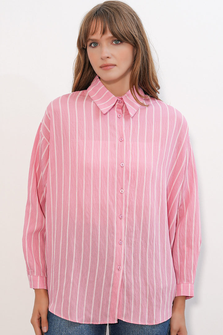 BGD Women Kadın Çizgili Oversize Gömlek 20293 - Somon - Taxco de Alarcón