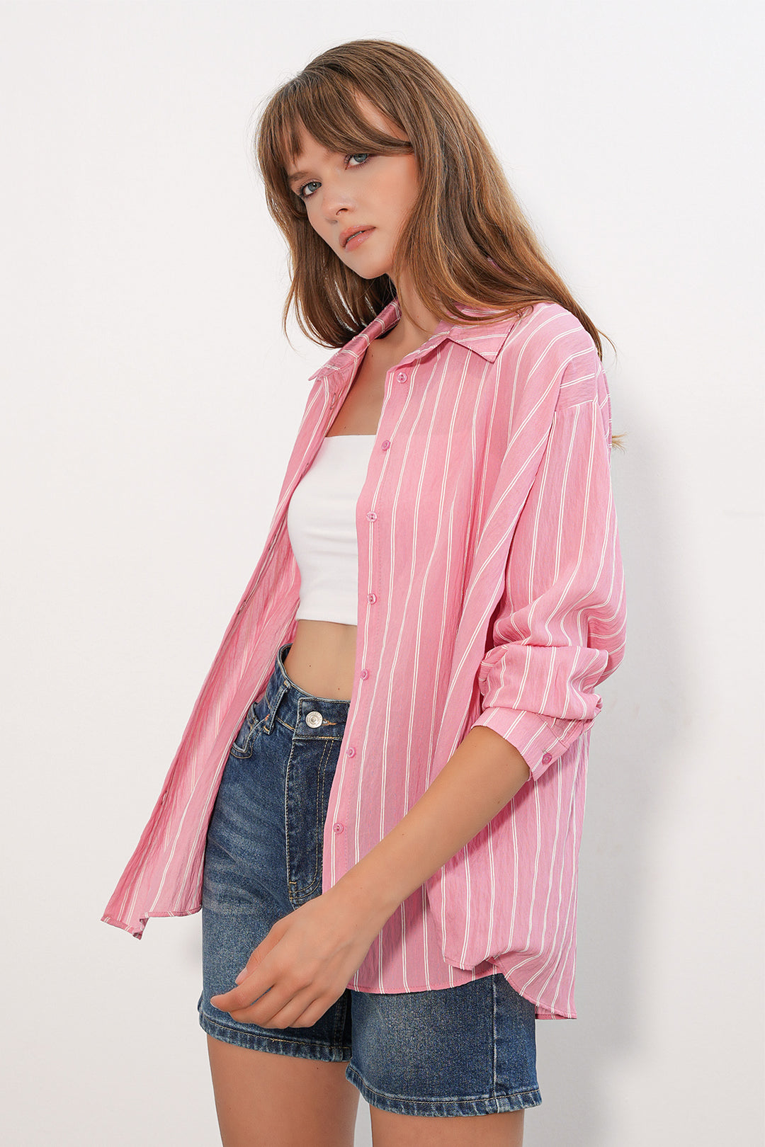 BGD Women Kadın Çizgili Oversize Gömlek 20293 - Somon - Taxco de Alarcón