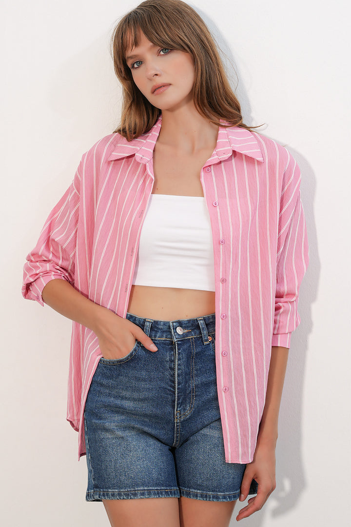 BGD Women Kadın Çizgili Oversize Gömlek 20293 - Somon - Taxco de Alarcón