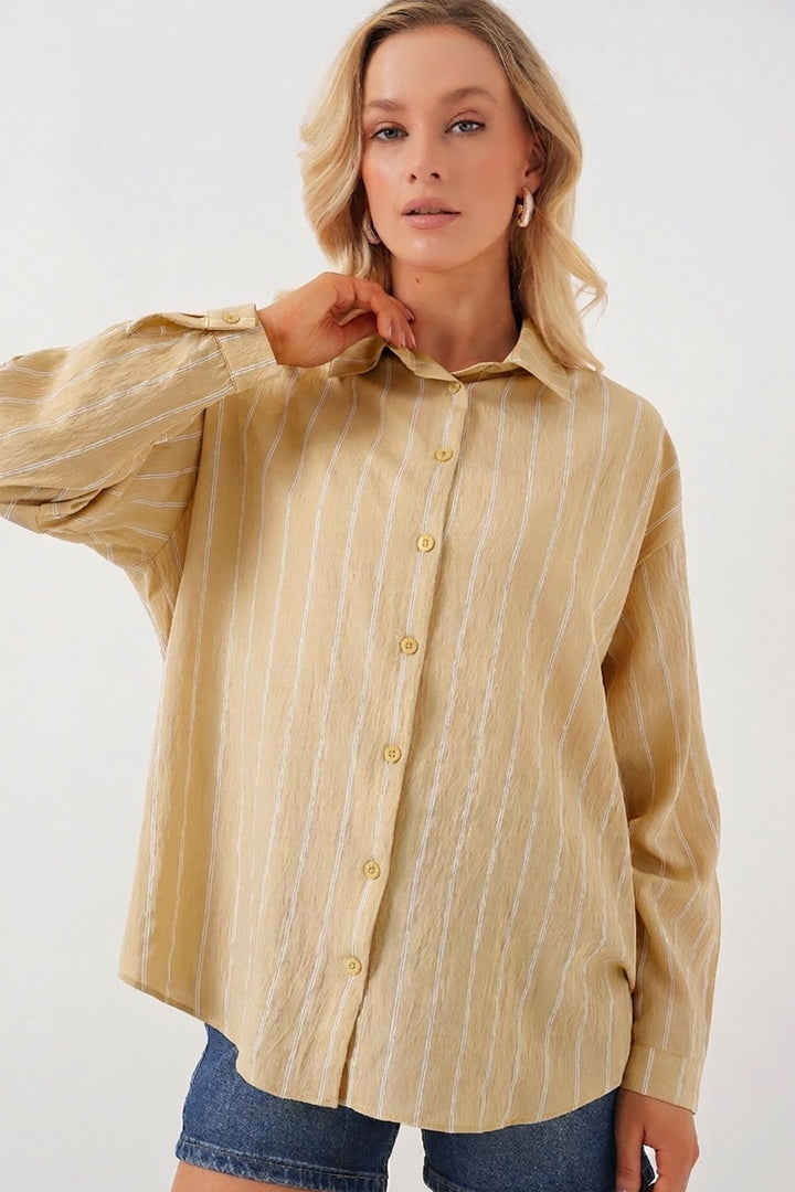 BGD Women Kadın Çizgili Oversize Gömlek 20293 - Vizon - Simi Valley