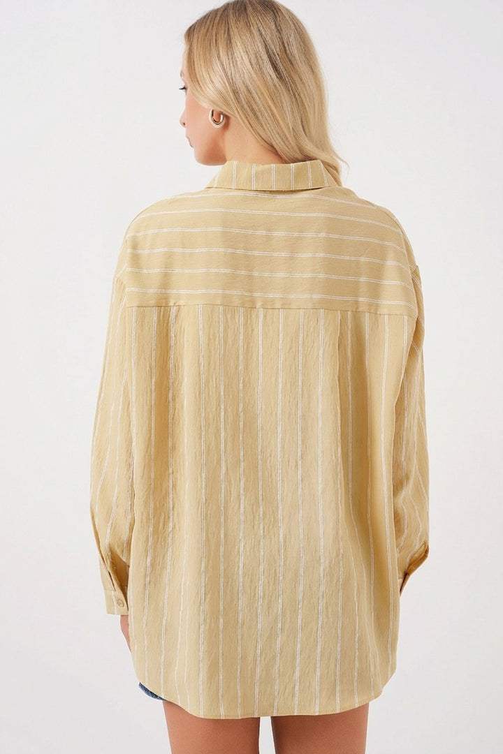 BGD Women Kadın Çizgili Oversize Gömlek 20293 - Vizon - Simi Valley