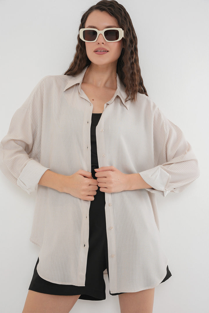 BGD Women Women's Striped Oversized Shirt 20295 - Cream - Barnstable