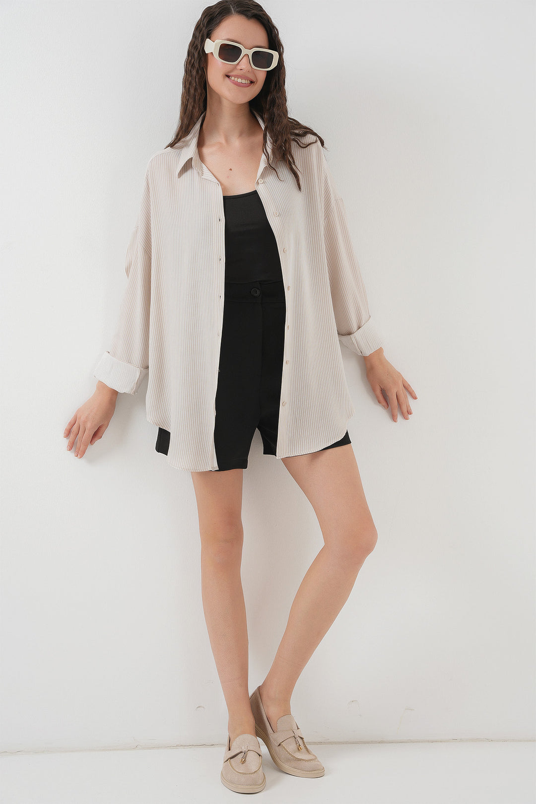 BGD Women Women's Striped Oversized Shirt 20295 - Cream - Barnstable