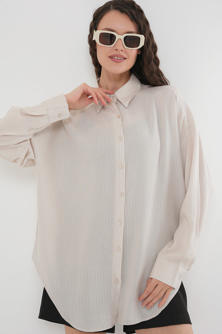 BGD Women Women's Striped Oversized Shirt 20295 - Cream - Barnstable