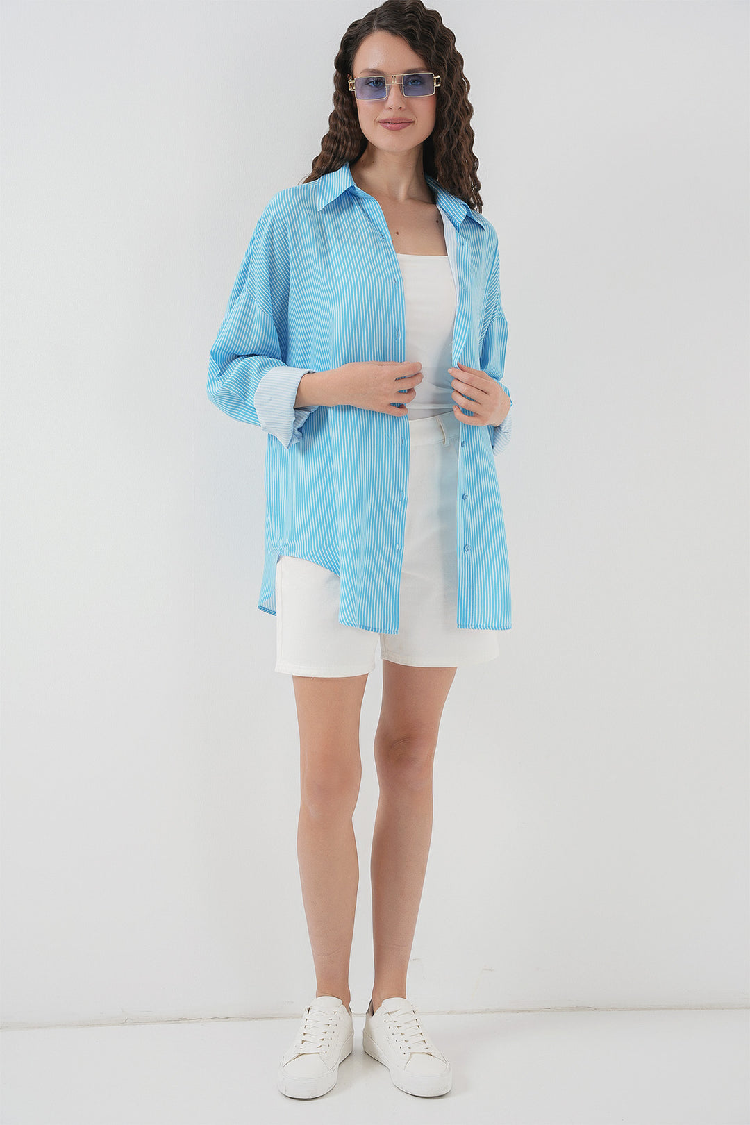 BGD Women Women's Striped Oversized Shirt 20295 - Blue - Tudela