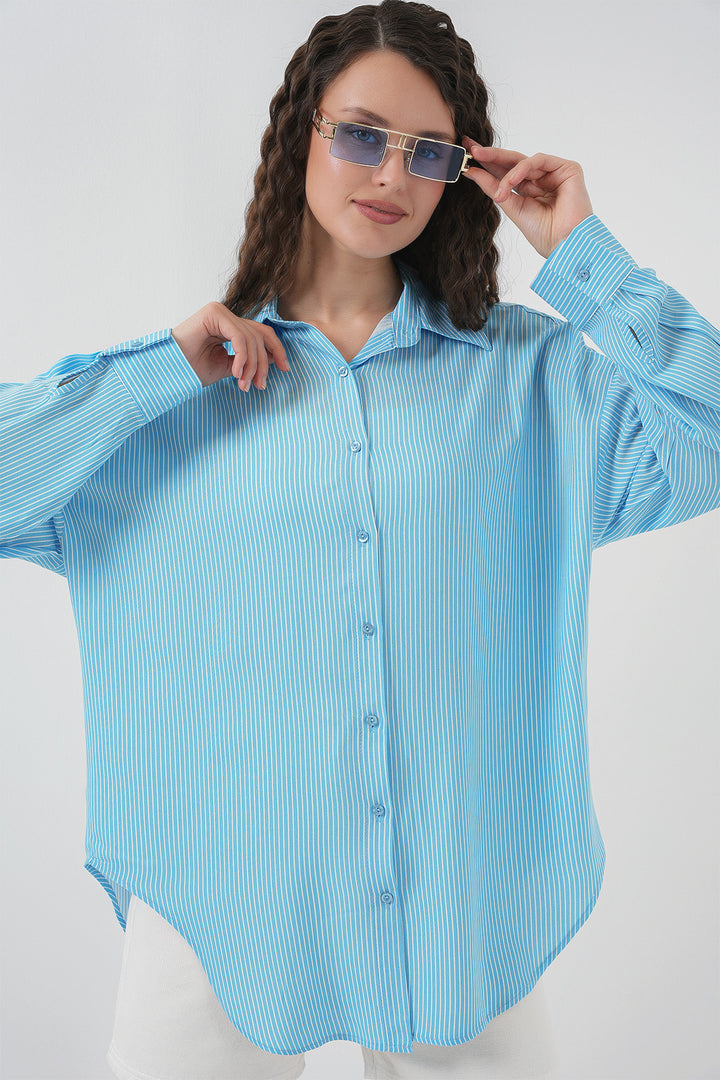 BGD Women Women's Striped Oversized Shirt 20295 - Blue - Tudela