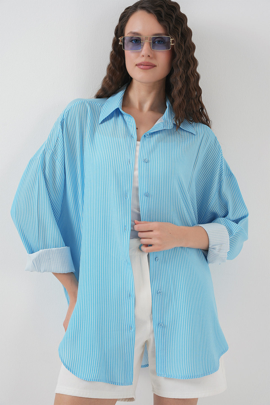 BGD Women Women's Striped Oversized Shirt 20295 - Blue - Tudela