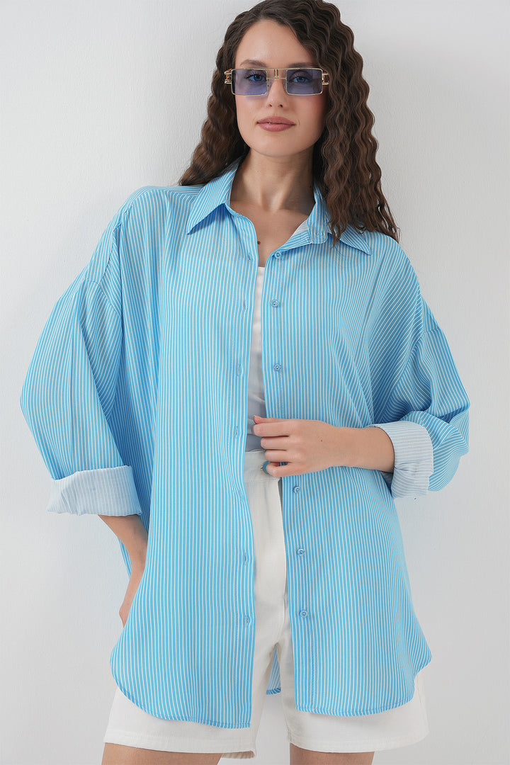 BGD Women Women's Striped Oversized Shirt 20295 - Blue - Tudela