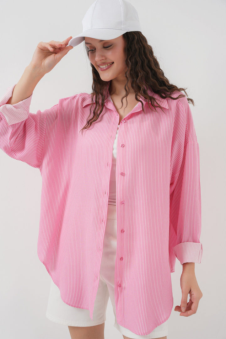 BGD Women Women's Striped Oversized Shirt 20295 - Pink - Pioltello