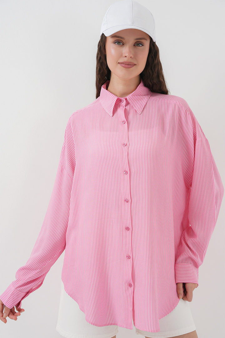 BGD Women Women's Striped Oversized Shirt 20295 - Pink - Pioltello
