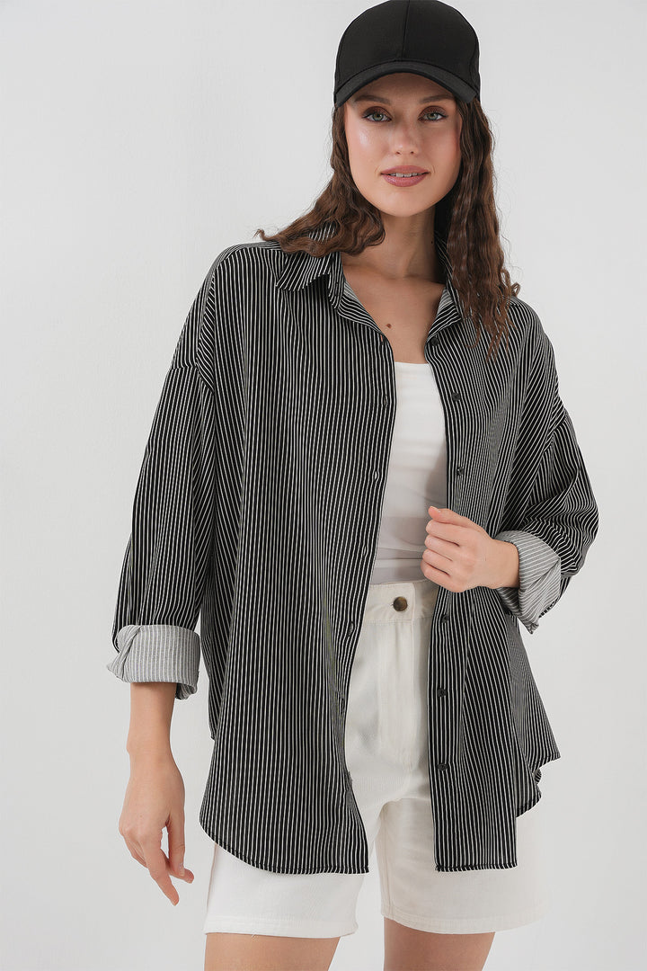BGD Women Women's Striped Oversized Shirt 20295 - Black - Wilkes-Barre