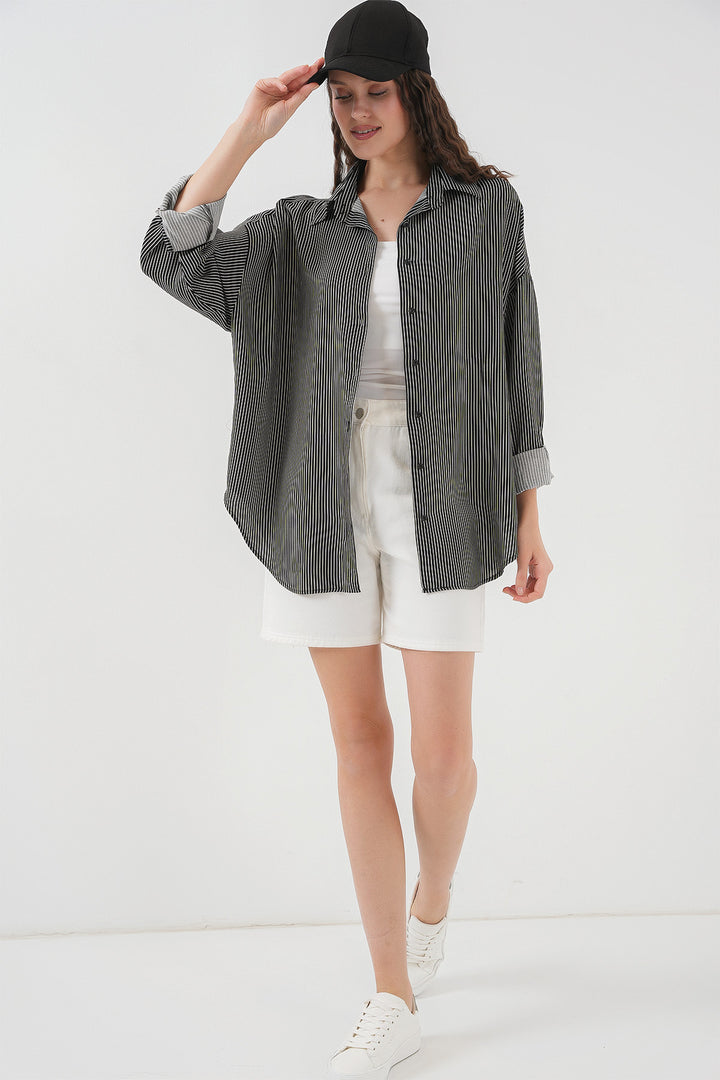 BGD Women Women's Striped Oversized Shirt 20295 - Black - Wilkes-Barre