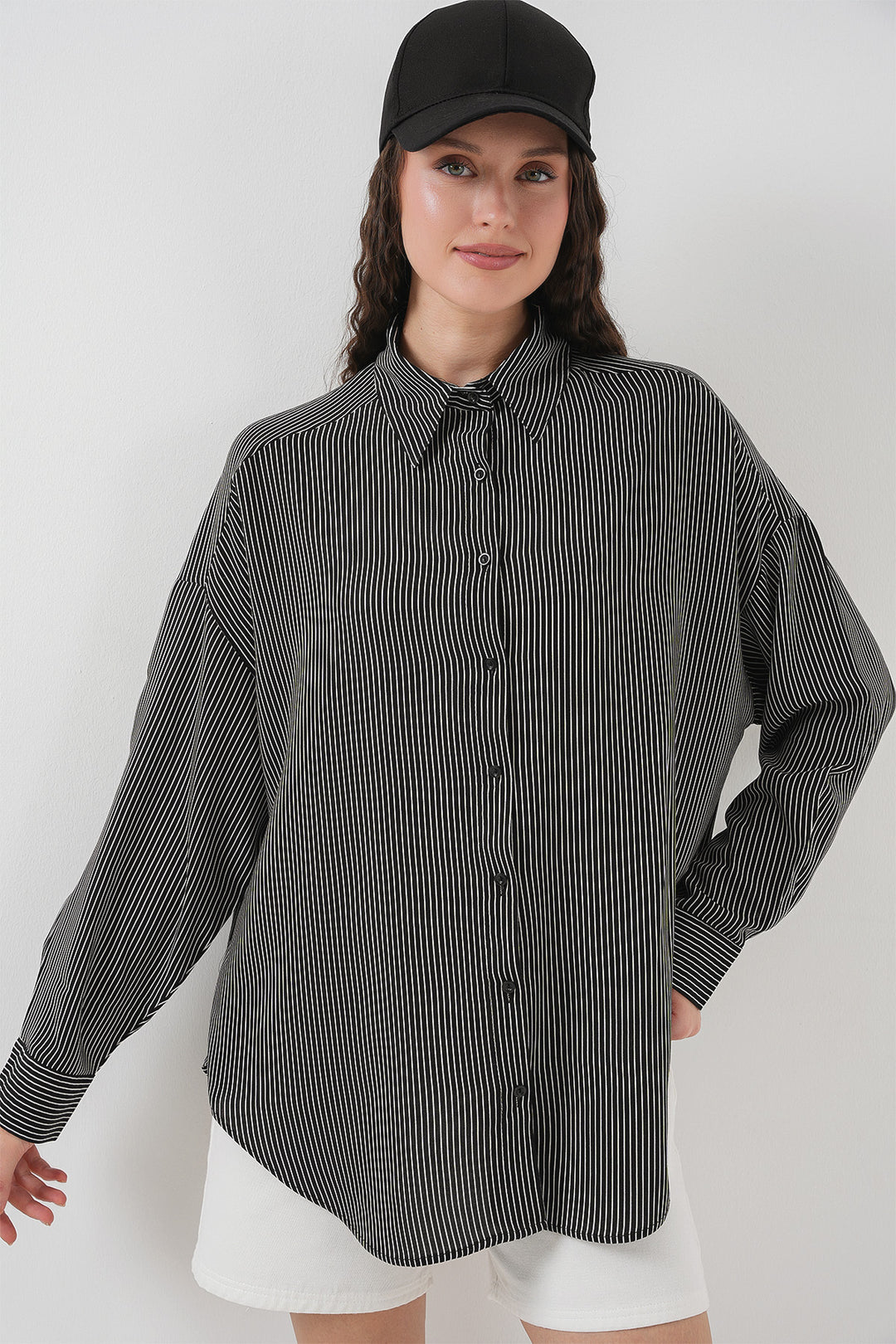 BGD Women Women's Striped Oversized Shirt 20295 - Black - Wilkes-Barre