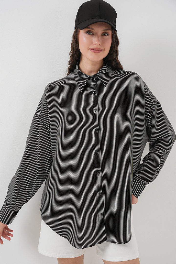 BGD Women Women's Striped Oversized Shirt 20295 - Black - Wilkes-Barre