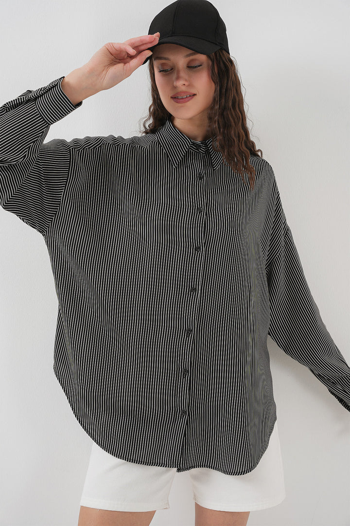 BGD Women Women's Striped Oversized Shirt 20295 - Black - Wilkes-Barre