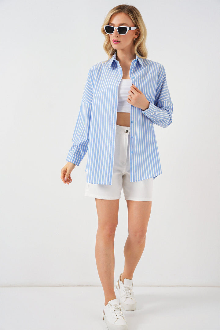 BGD Women Women's Striped Oversized Shirt 20332 - Navy Blue - Crewe