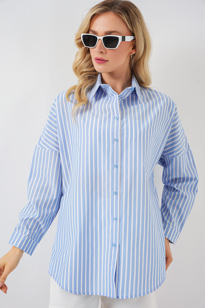 BGD Women Women's Striped Oversized Shirt 20332 - Navy Blue - Crewe