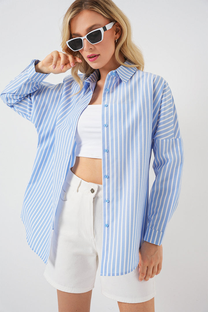 BGD Women Women's Striped Oversized Shirt 20332 - Navy Blue - Crewe