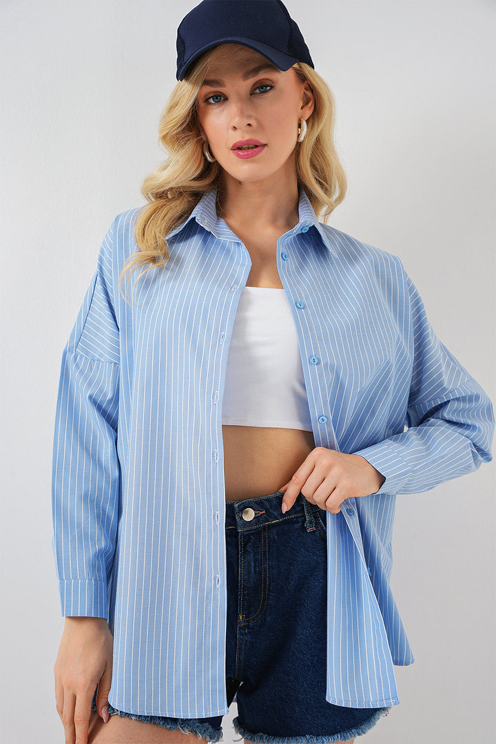BGD Women Women's Striped Oversized Shirt 20332 - Navy Blue - Runcorn