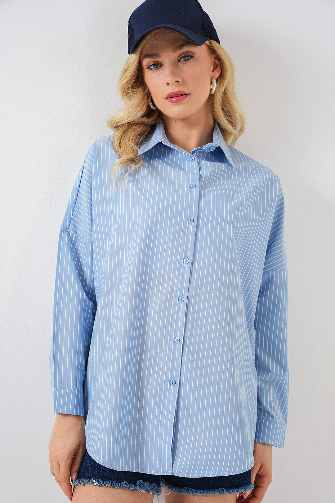 BGD Women Women's Striped Oversized Shirt 20332 - Navy Blue - Runcorn