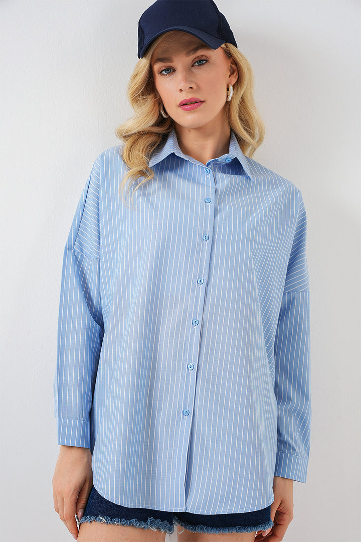 BGD Women Women's Striped Oversized Shirt 20332 - Navy Blue - Runcorn