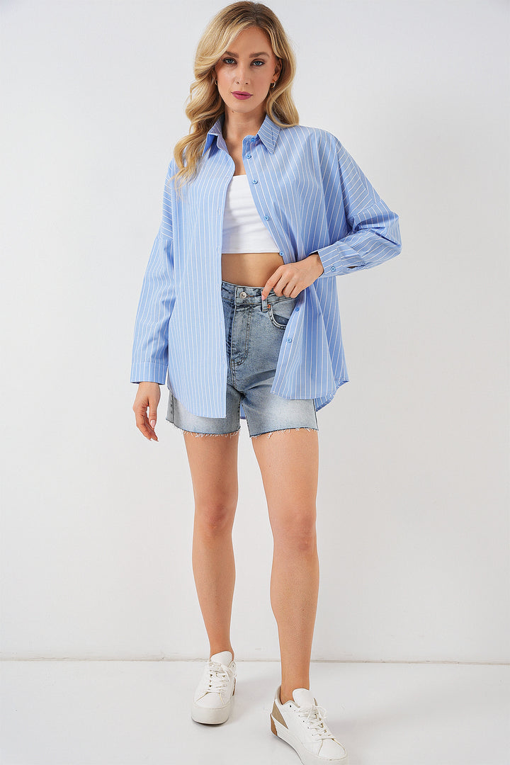 BGD Women Kadın Çizgili Oversize Gömlek 20332 - Mavi - Grimsby
