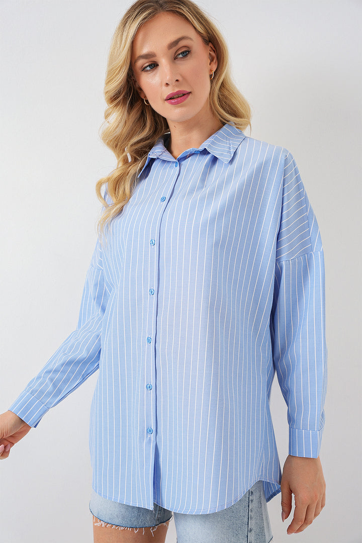 BGD Women Kadın Çizgili Oversize Gömlek 20332 - Mavi - Grimsby