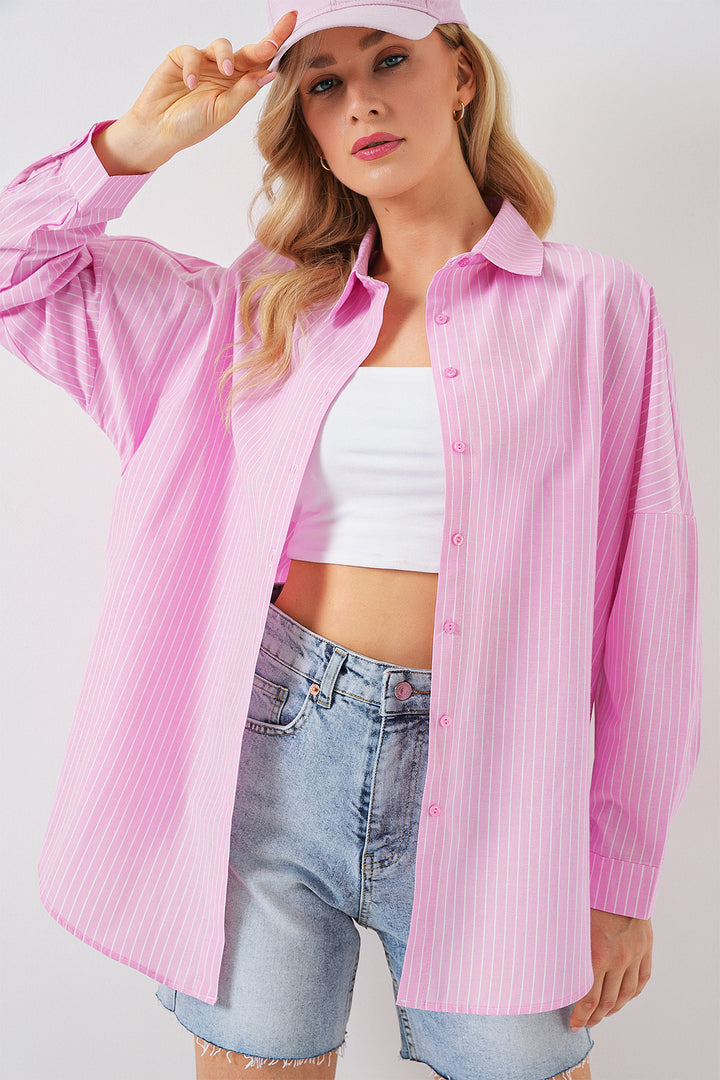 BGD Women Kadın Çizgili Oversize Gömlek 20332 - Pembe - Chaïdári