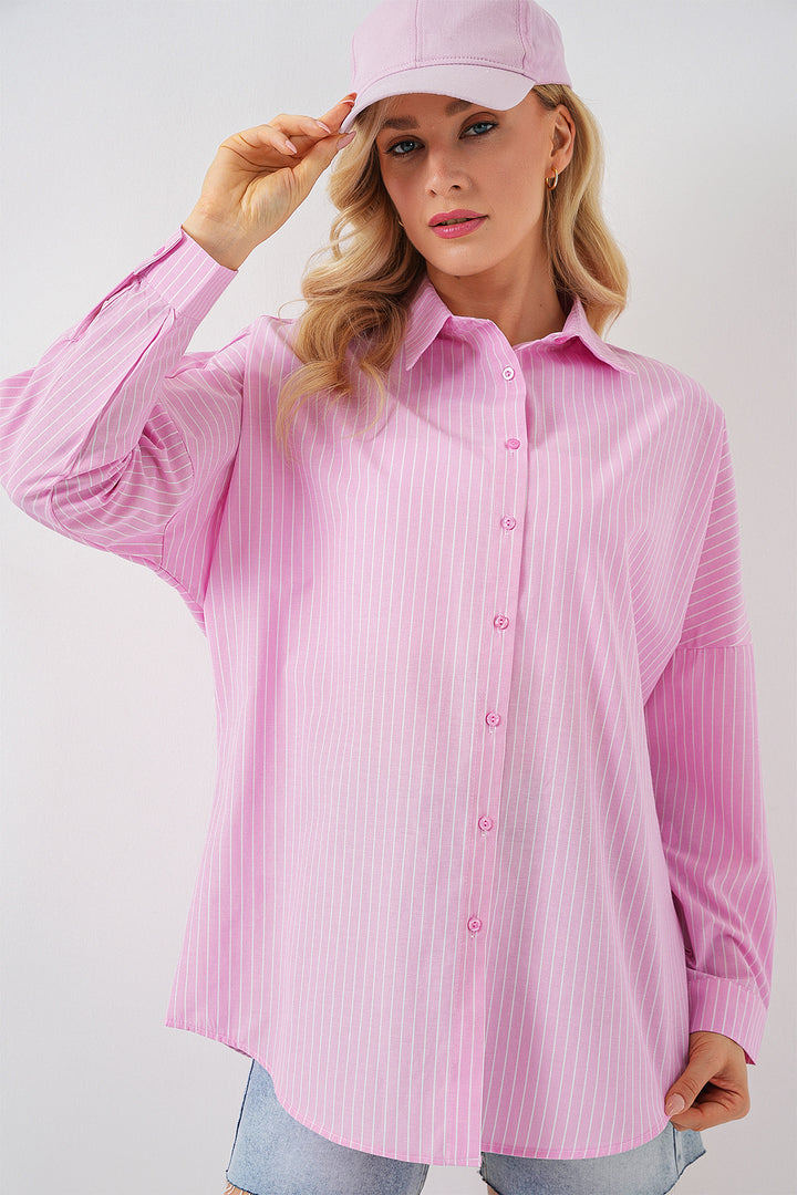 BGD Women Kadın Çizgili Oversize Gömlek 20332 - Pembe - Chaïdári