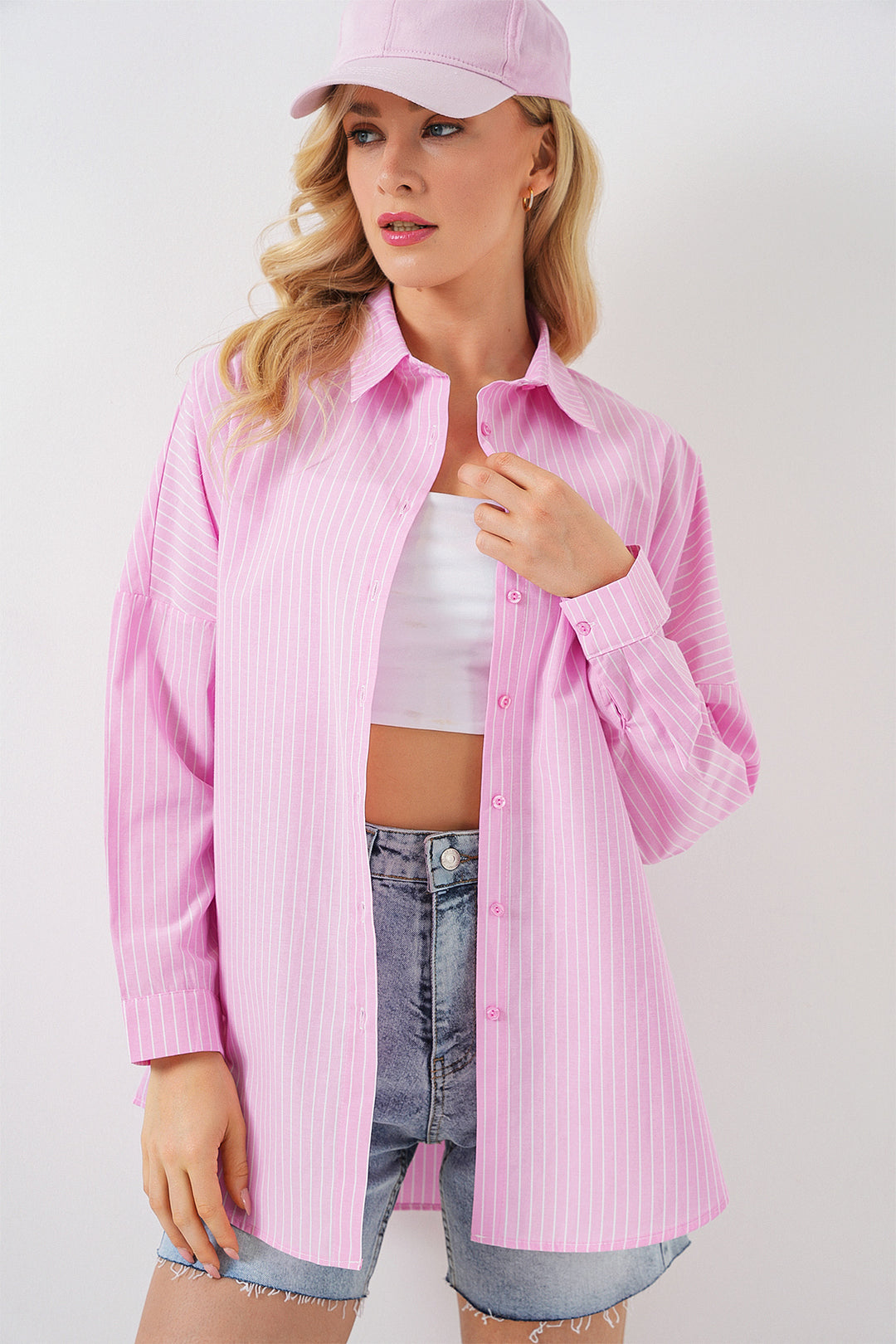 BGD Women Kadın Çizgili Oversize Gömlek 20332 - Pembe - Chaïdári