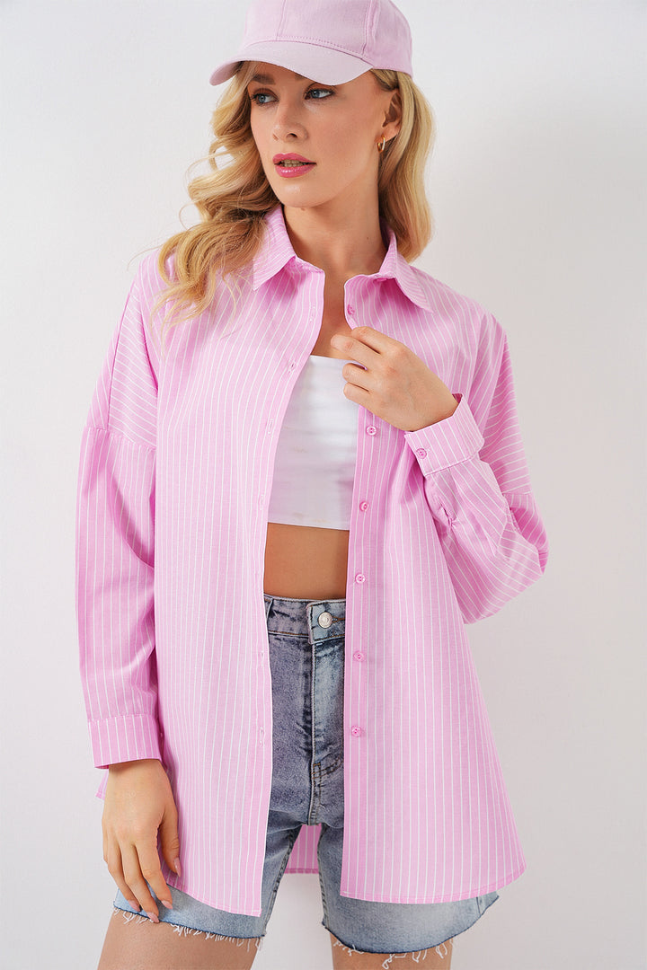 BGD Women Kadın Çizgili Oversize Gömlek 20332 - Pembe - Chaïdári