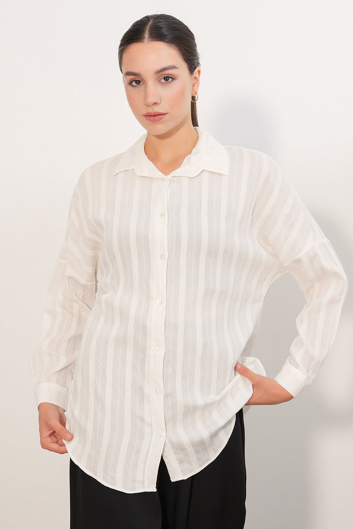 BGD Women Kadın Çizgili Oversize Gömlek 20408 - Beyaz - Northampton