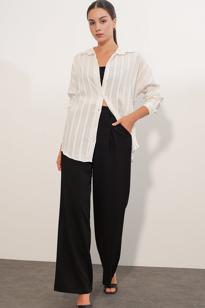 BGD Women Kadın Çizgili Oversize Gömlek 20408 - Beyaz - Northampton
