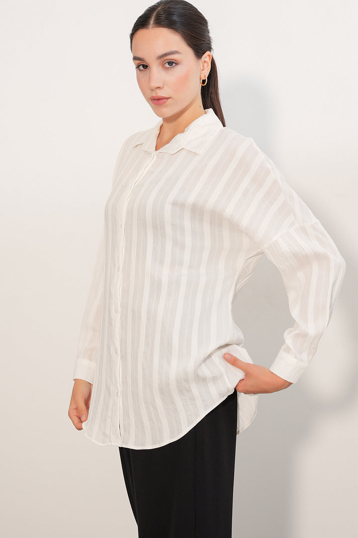 BGD Women Kadın Çizgili Oversize Gömlek 20408 - Beyaz - Northampton