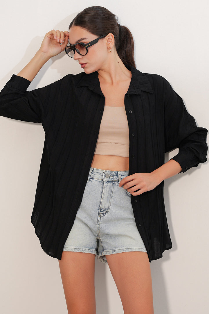 BGD Women Kadın Çizgili Oversize Gömlek 20408 - Siyah - Výronas