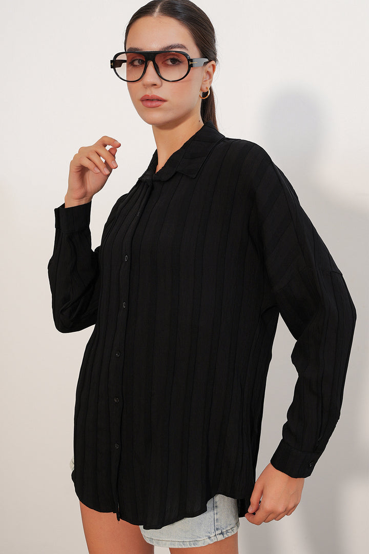 BGD Women Kadın Çizgili Oversize Gömlek 20408 - Siyah - Výronas