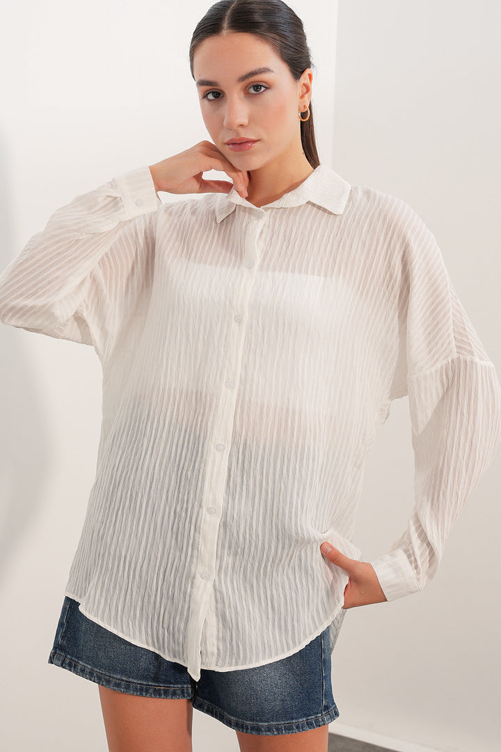 BGD Women Kadın Çizgili Oversize Gömlek 20409 - Beyaz - Ciudad Victoria