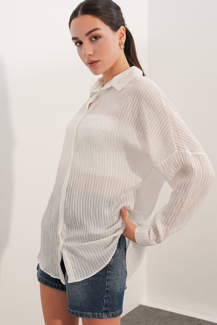 BGD Women Kadın Çizgili Oversize Gömlek 20409 - Beyaz - Ciudad Victoria