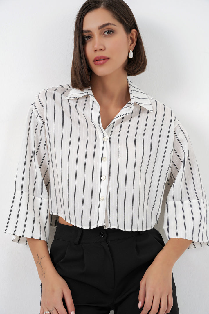 BGD Women Kadın Çizgili Oversize Kısa Gömlek 20326 - B.Beyaz - Ahaus