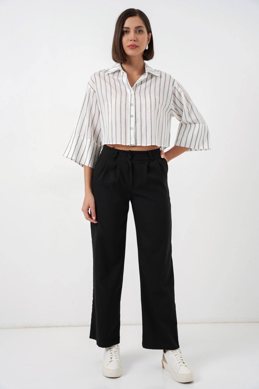 BGD Women Kadın Çizgili Oversize Kısa Gömlek 20326 - B.Beyaz - Ahaus