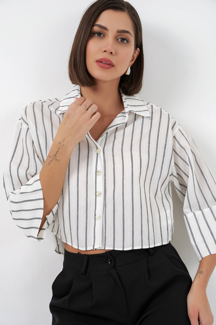 BGD Women Kadın Çizgili Oversize Kısa Gömlek 20326 - B.Beyaz - Ahaus