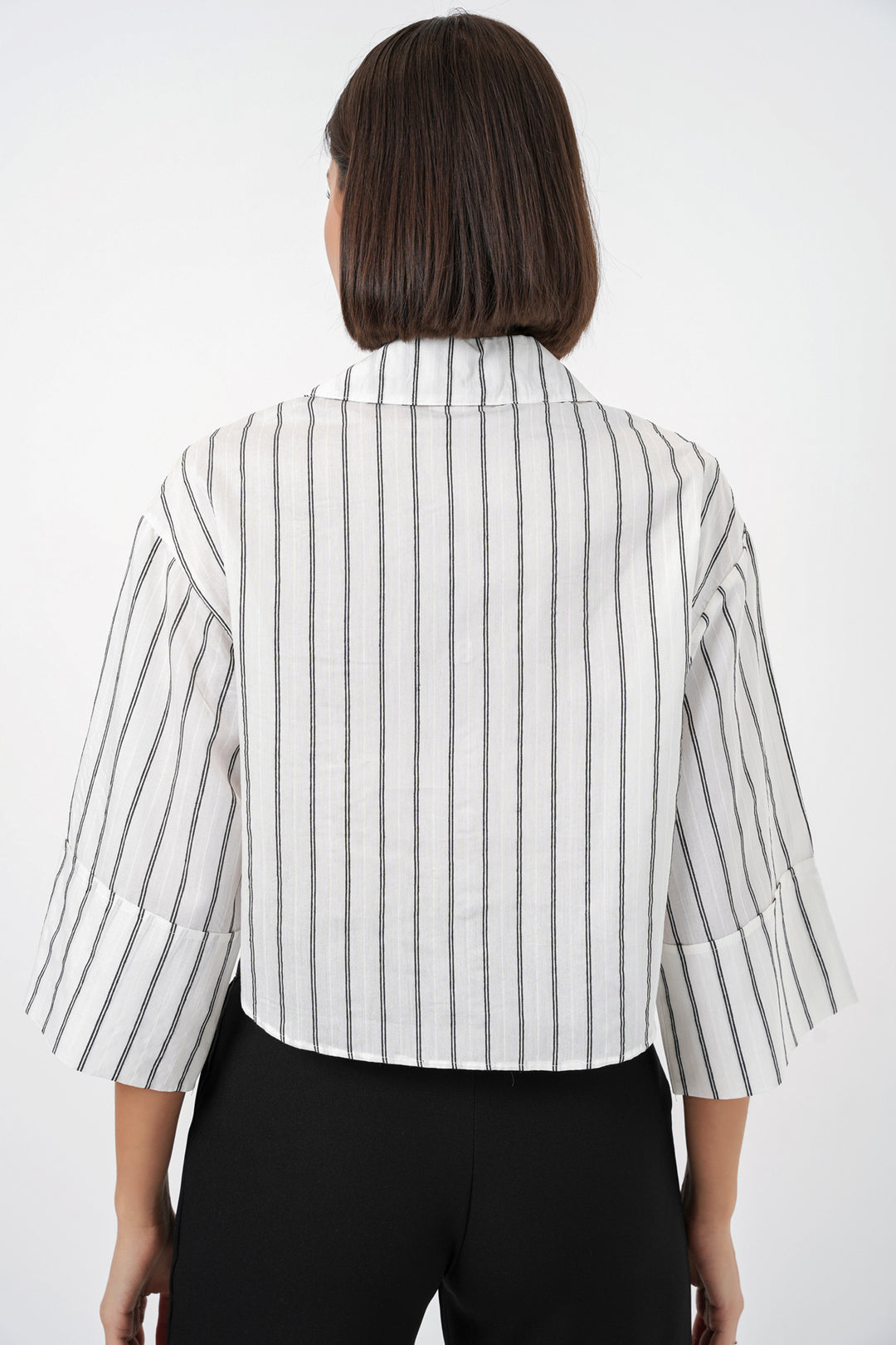 BGD Women Kadın Çizgili Oversize Kısa Gömlek 20326 - B.Beyaz - Ahaus