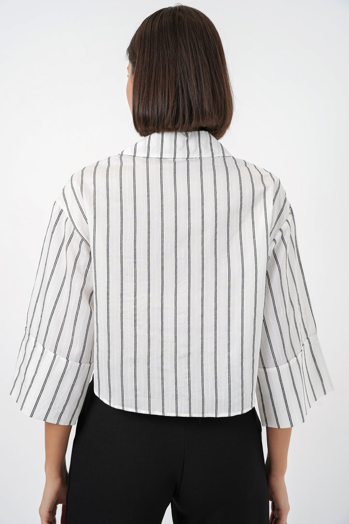 BGD Women Kadın Çizgili Oversize Kısa Gömlek 20326 - B.Beyaz - Ahaus